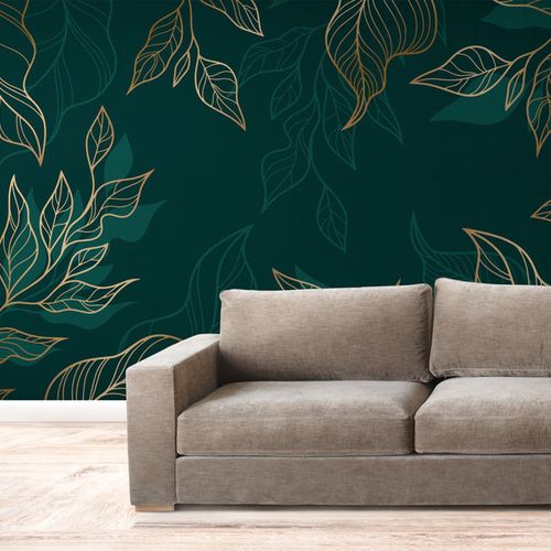 [1182] Mural Fondo Verde Hojas Doradas