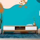 Mural Celeste Agua Y Hojas Naranja