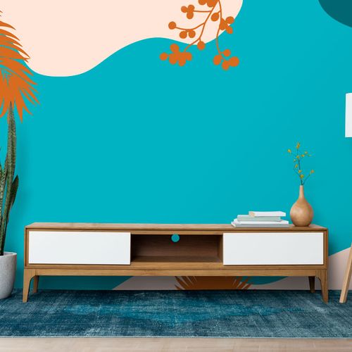 [1216] Mural Celeste Agua Y Hojas Naranja