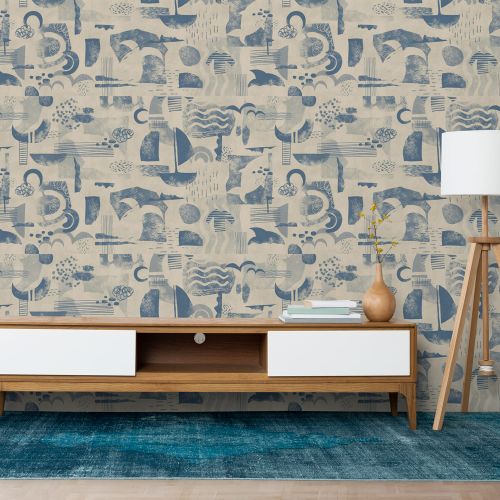 [1613] Mural Abstracto Celeste Crema