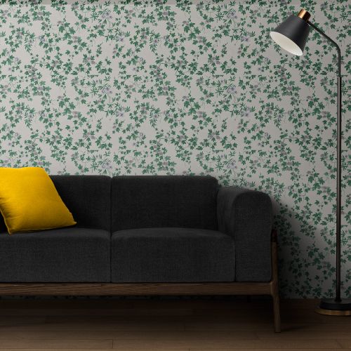 [1710] Mural Hojas Con Flores Blanco Verde