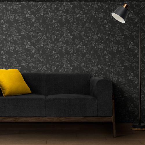 [1711] Mural Hojas Con Flores Gris Blanco