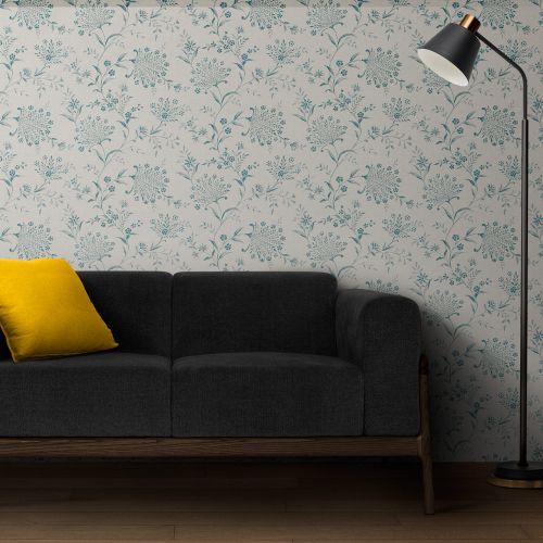 [1732] Mural Hojas Con Flores Cyan