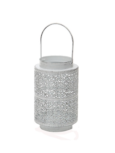 [DC1221] Fanal Portavela Calado Metalico Con Manija Blanco 12x21cm